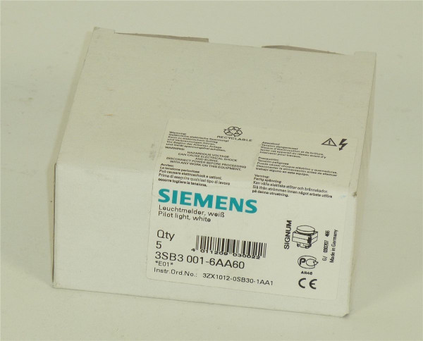 Siemens Leuchtmelder,weiß,3SB3 001-6AA60,3SB3001-6AA60,Qty.5