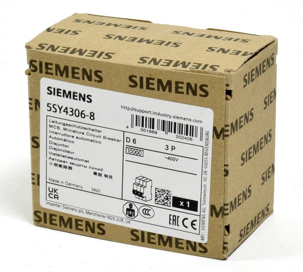 Siemens Leitungsschutzschalter 400V 10kA, 3-polig, D6, 5SY4306-8