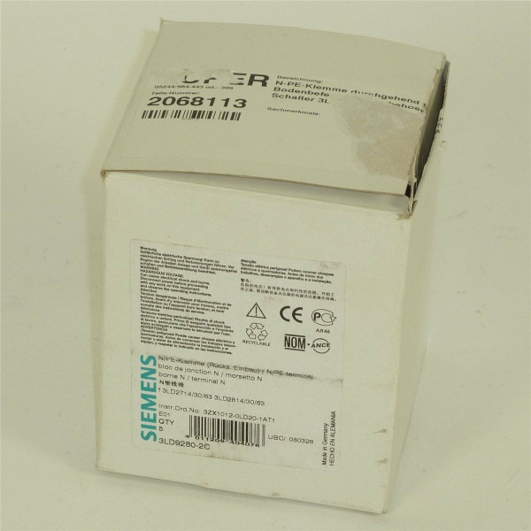 Siemens N/PE Klemme,3LD9280-2C,3LD9 280-2C,Qty.5