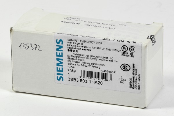 Siemens Not-Halt Pilzdrucktaster, 3SB3603-1HA20, 3SB3 603-1HA20